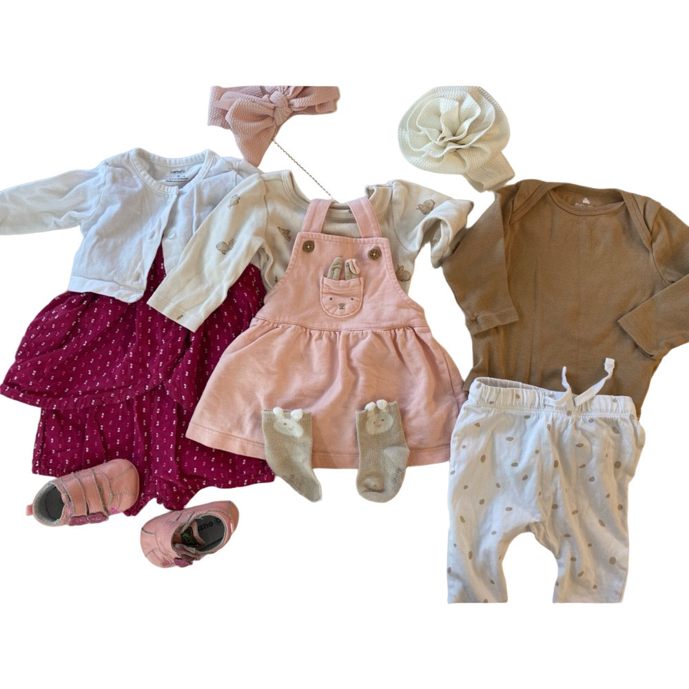 3-6m girl outfit bundle Tea, carters, outbaks leather shoes, 3 outfits mix&match